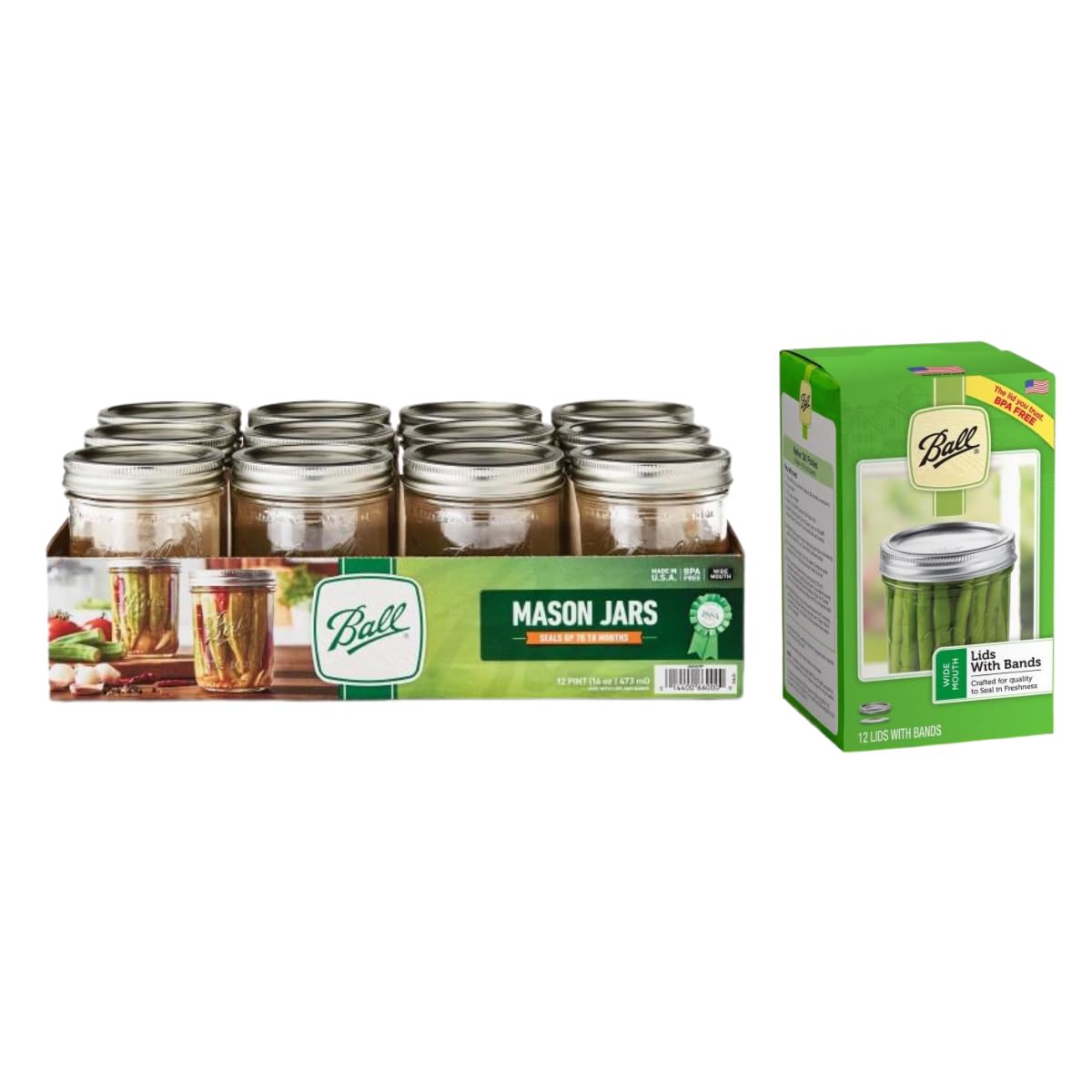 Wide Mouth Glass Mason Jars with Lids and Bands, 12 Pint Size 16 Ounce M602505
