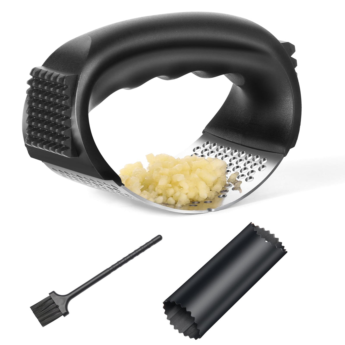 Stainless Steel Garlic Press Rocker with Peeler and Cleaning Brush S490