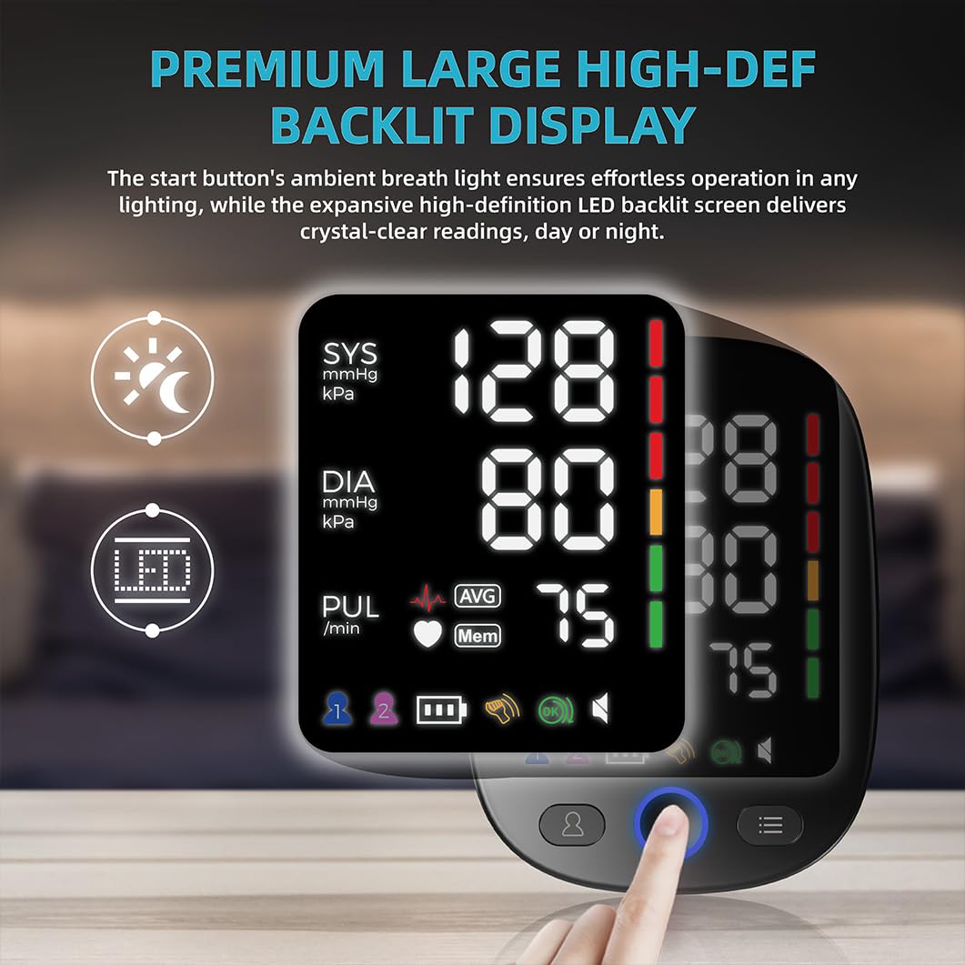Blood Pressure Monitor with Large Color-Backlit LED Display, 240 Memory, Adjustable Wide Cuff 8.5-16.5" I47310