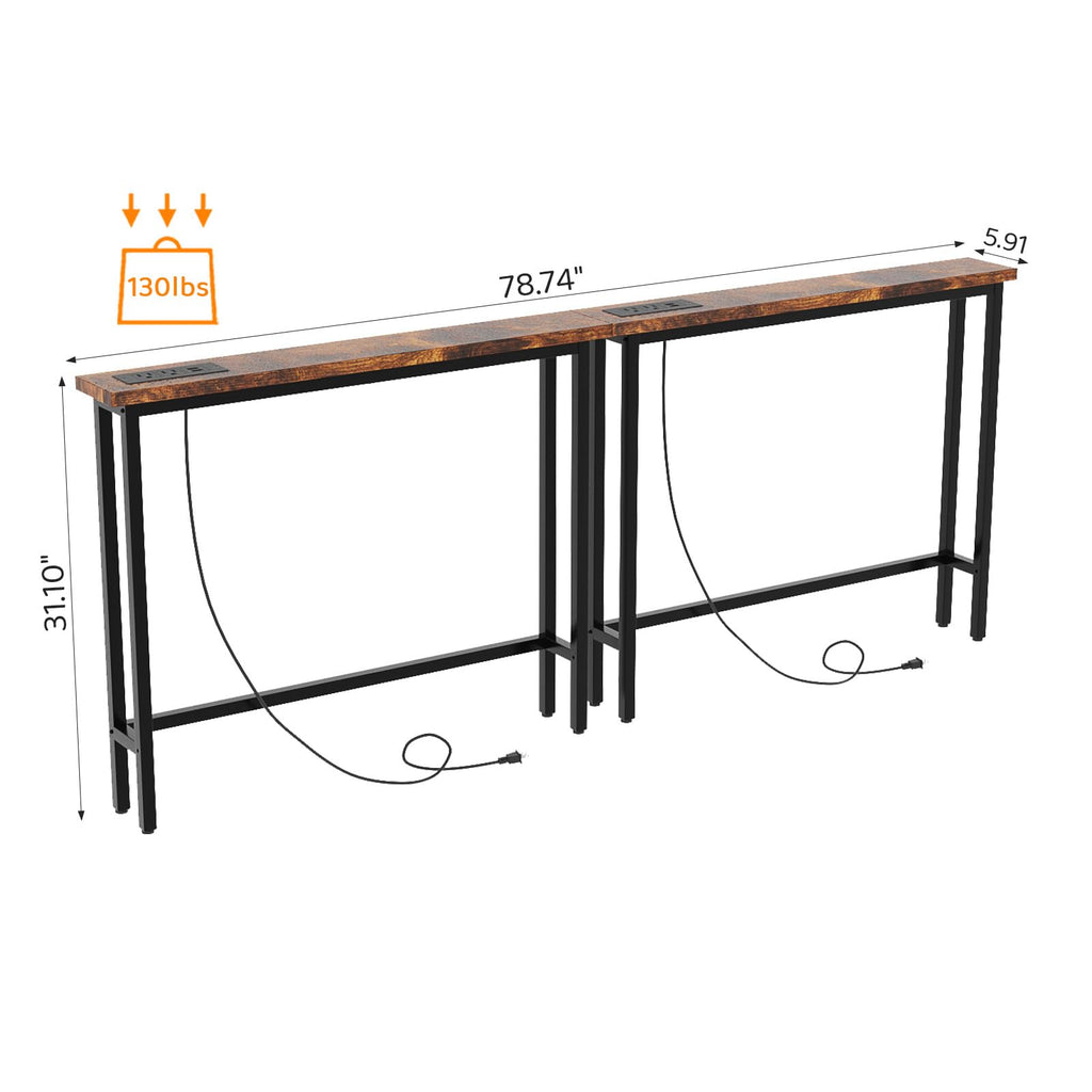 Rustic Brown Narrow Console Table with Power Outlet 2 Pack E2477