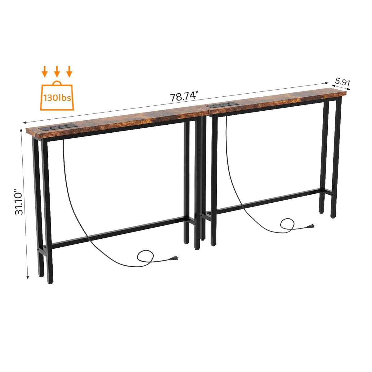 Rustic Brown Narrow Console Table with Power Outlet 2 Pack E2477