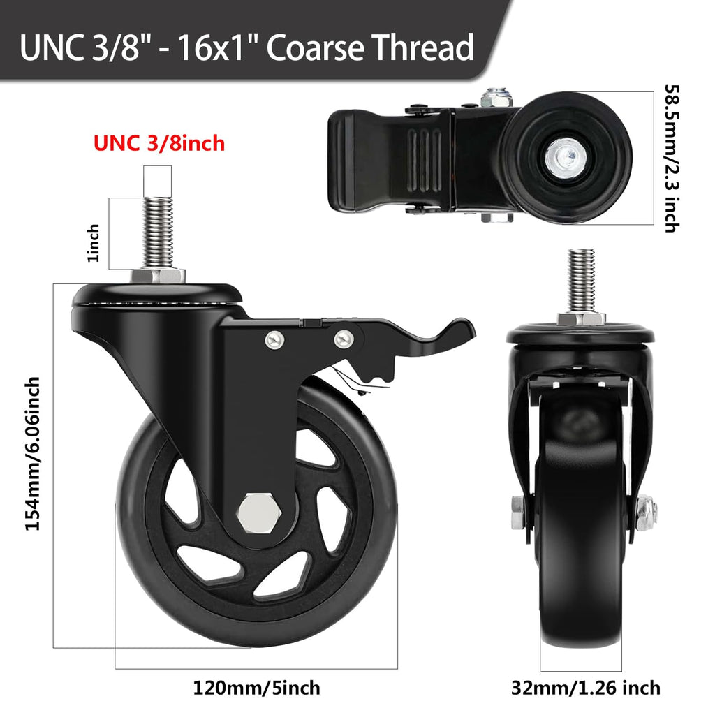 5 Inch Swivel Threaded Stem Casters Set of 4 Heavy Duty 2400lbs Black M8100