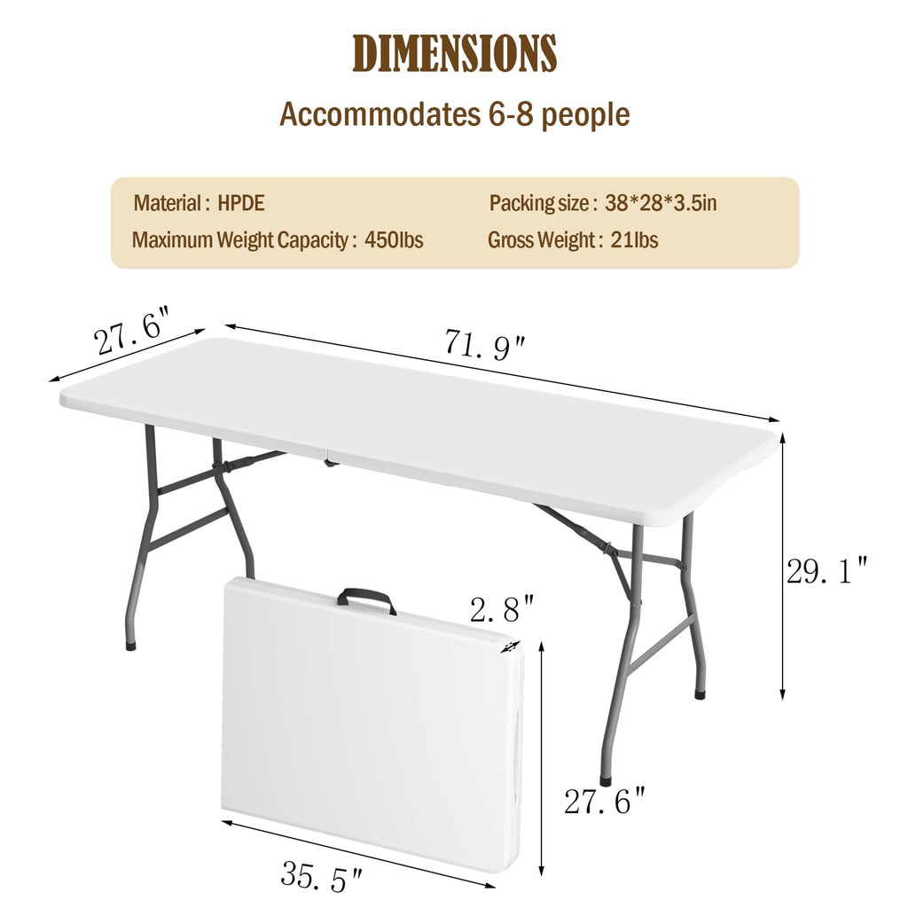 6FT White Folding Picnic Table with Carrying Handle X154