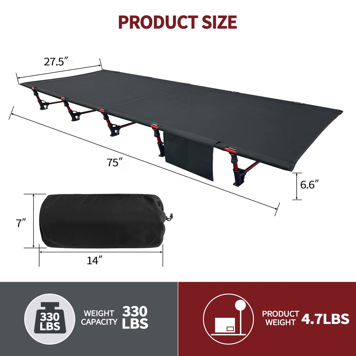 Portable Camping Cot Sleeping Cot Ultralight Backpacking Cot Bed Black W198