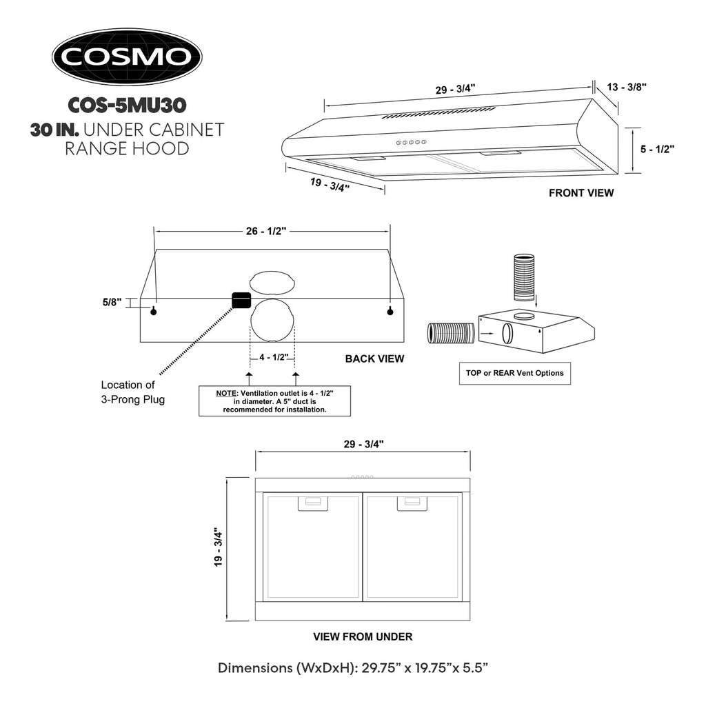 30 in. Under Cabinet Range Hood with LED Lights, Stainless Steel L136547