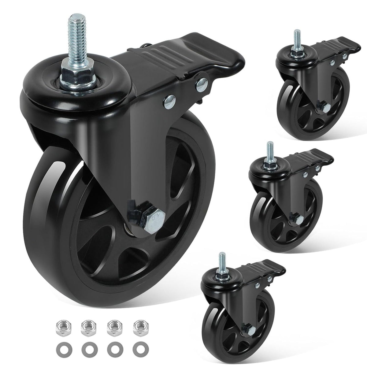 5 Inch Swivel Threaded Stem Casters Set of 4 Heavy Duty 2400lbs Black M8100