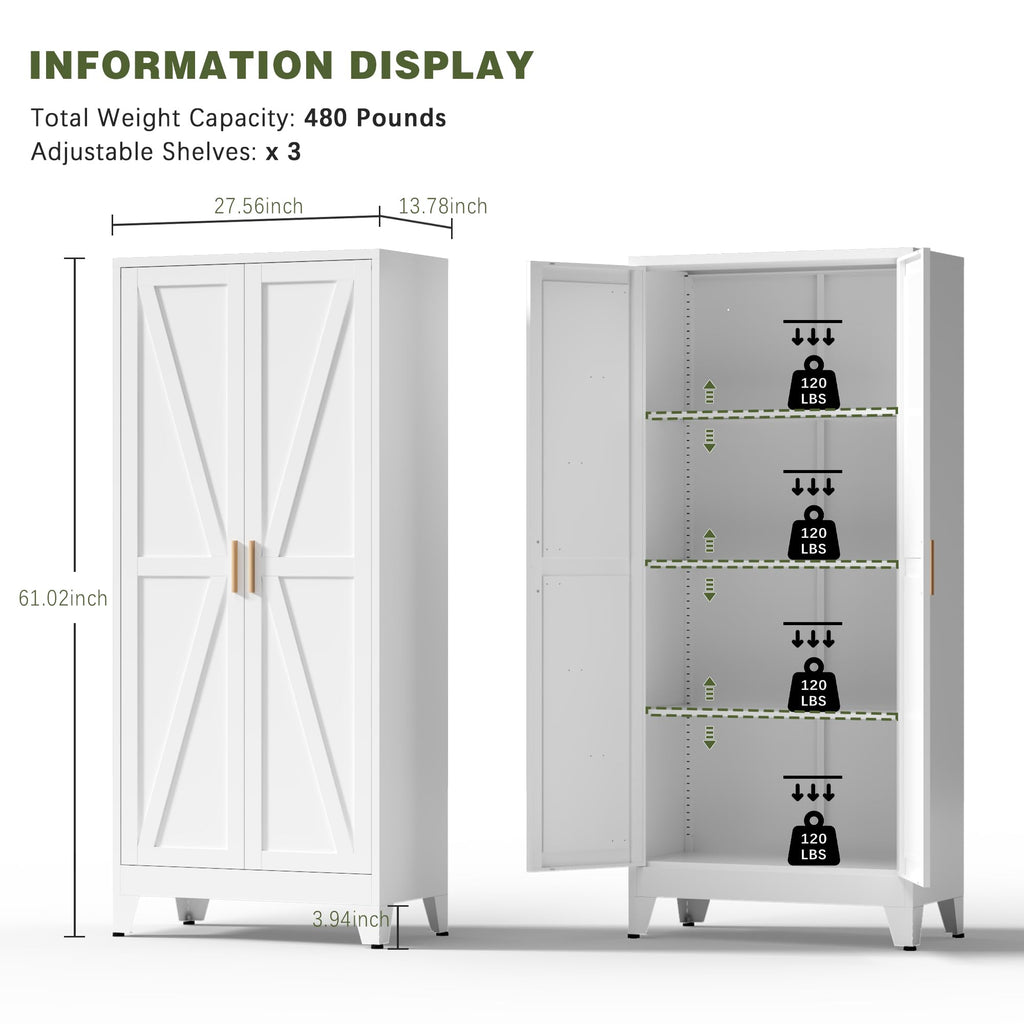 White Farmhouse Storage Kitchen Pantry Cabinet with 2 Barn Door, 3 Adjustable Shelves and Legs C298464