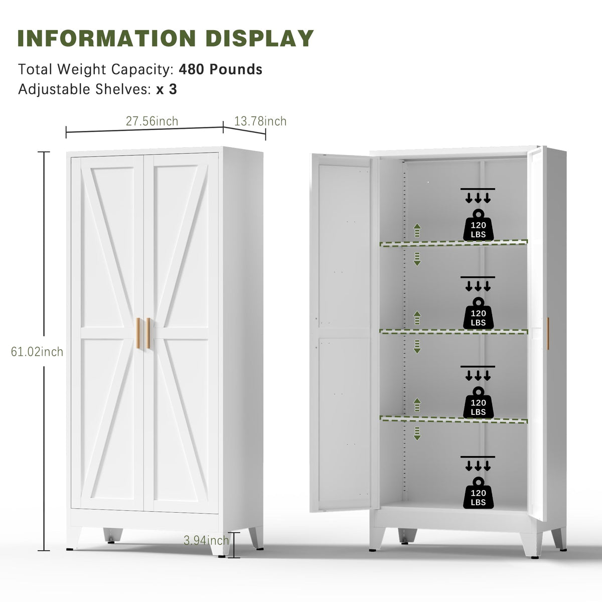 White Farmhouse Storage Kitchen Pantry Cabinet with 2 Barn Door, 3 Adjustable Shelves and Legs C298464