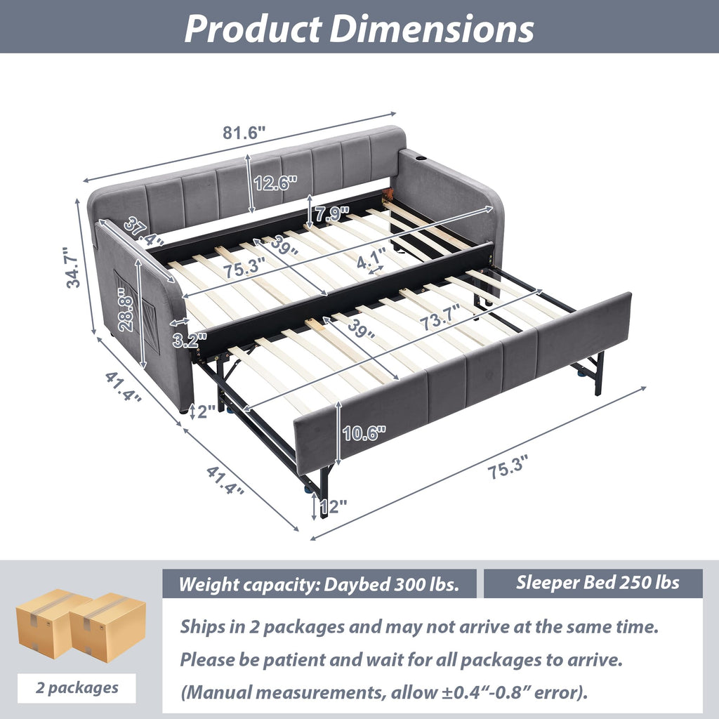 Twin Size Upholstered Daybed with Trundle, Linen Fabric Guest Bed (Gray) J53641