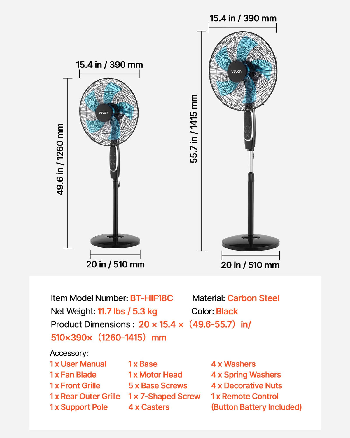 18-Inch Pedestal Fan with Remote Control, 9 Speeds, Oscillating, Black A5742