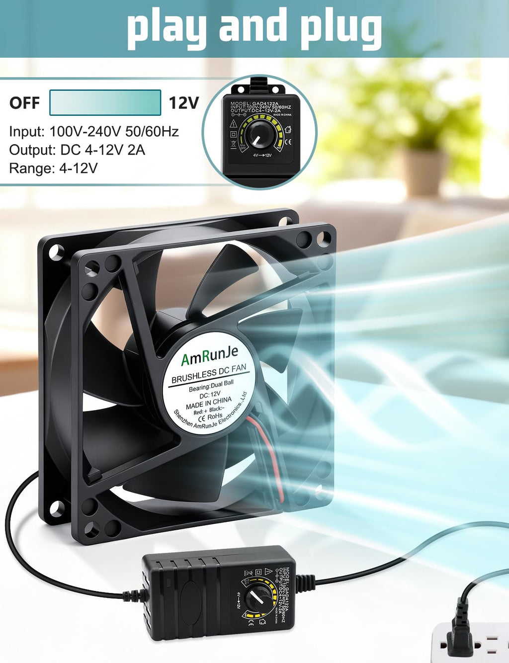 80mm 12v Small Computer Fan with AC Plug F1602