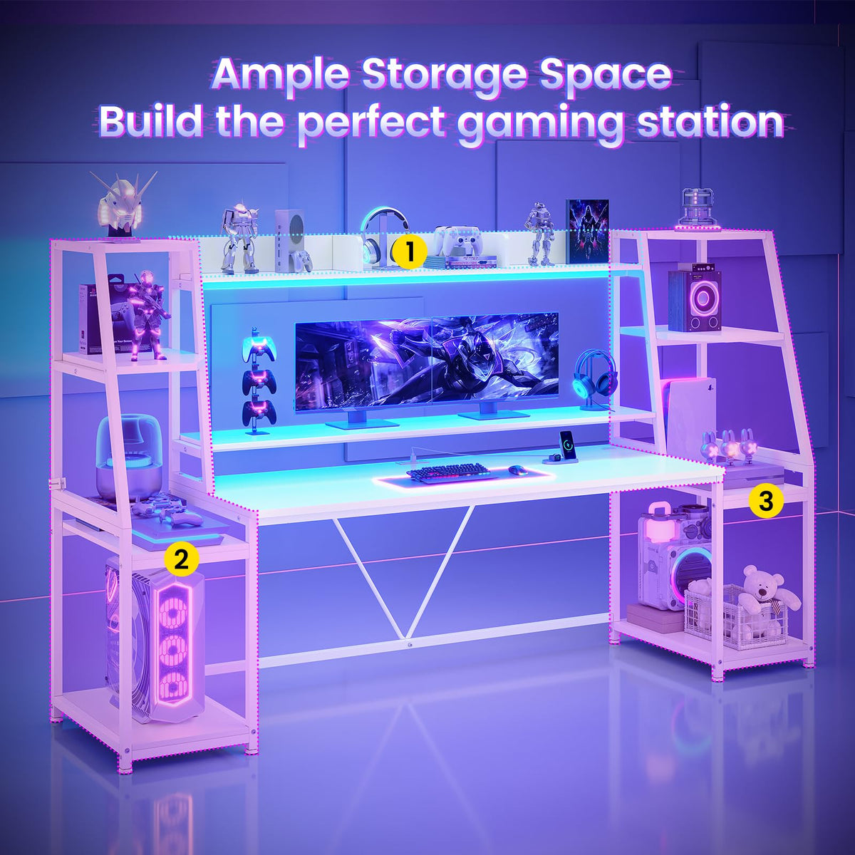 79'' White Gaming Desk with LED Lights and Storage Shelves G481