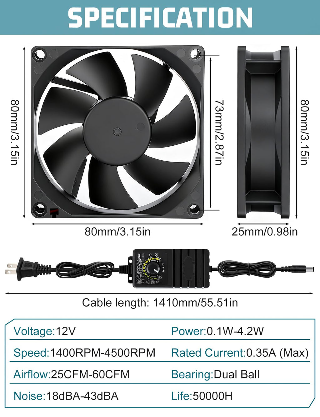 80mm 12v Small Computer Fan with AC Plug F1602