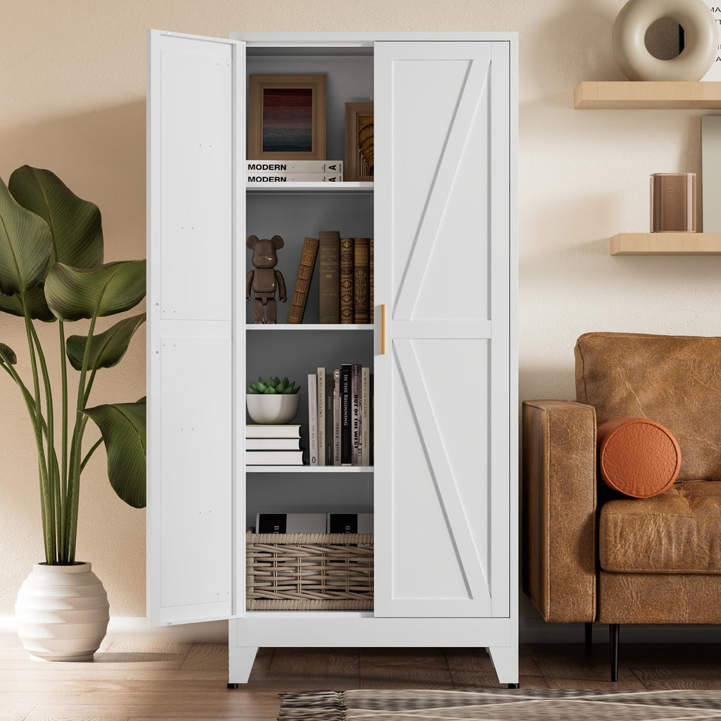 White Farmhouse Storage Kitchen Pantry Cabinet with 2 Barn Door, 3 Adjustable Shelves and Legs C298464