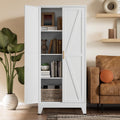 White Farmhouse Storage Kitchen Pantry Cabinet with 2 Barn Door, 3 Adjustable Shelves and Legs C298464