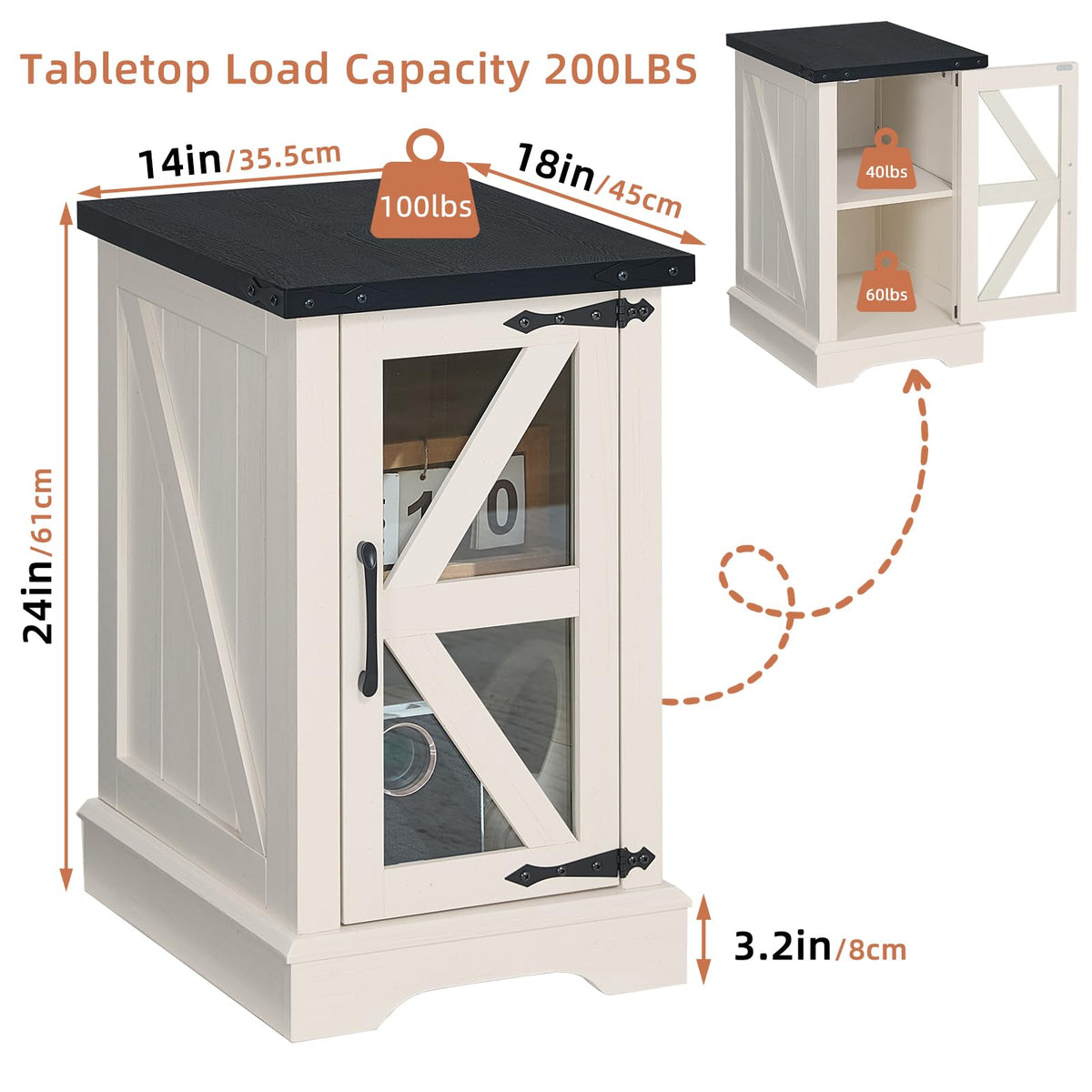 Narrow Night Stand with Glass Barn Door Q272