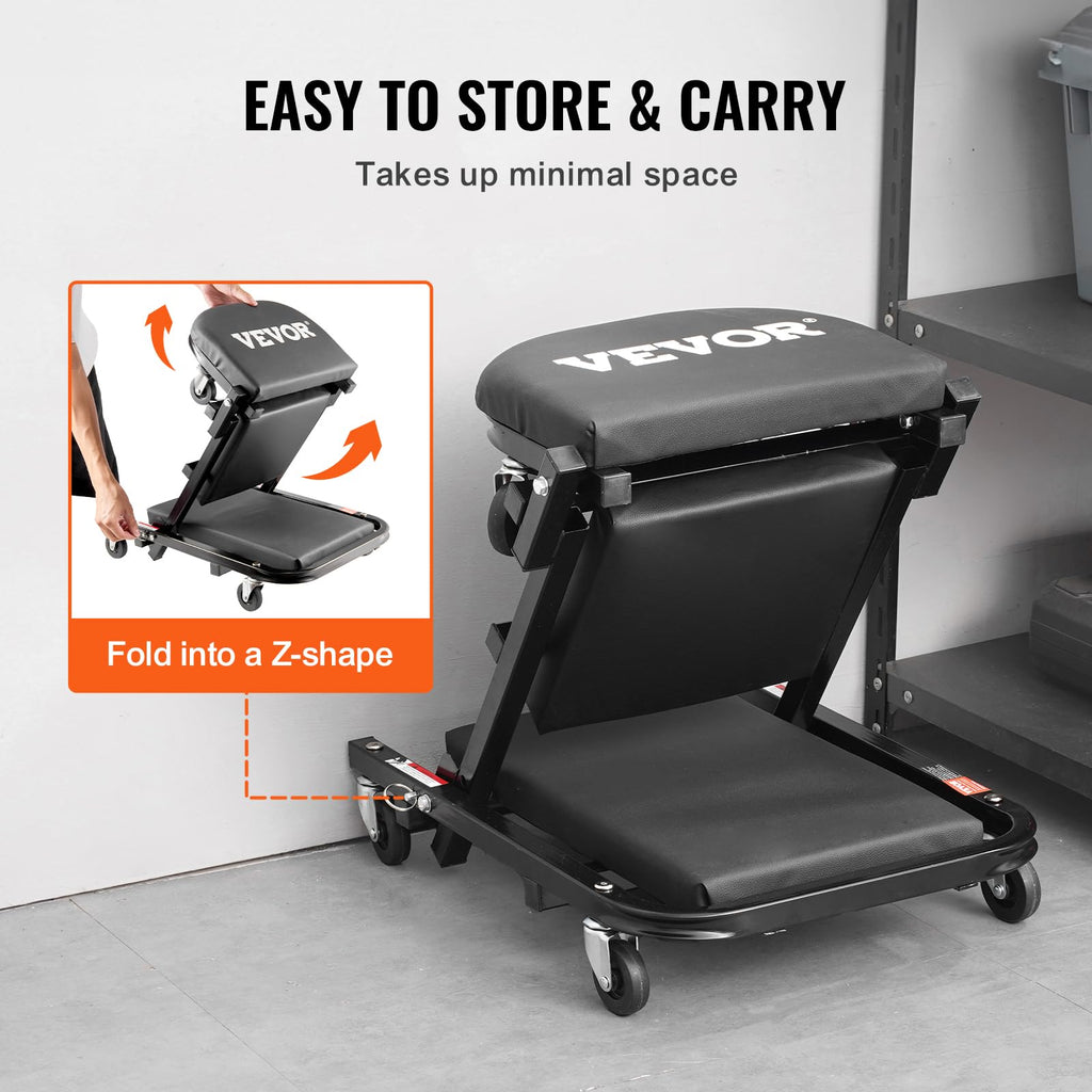 Foldable Rolling Mechanic Creeper with 6 Wheels Padded Seat K3795