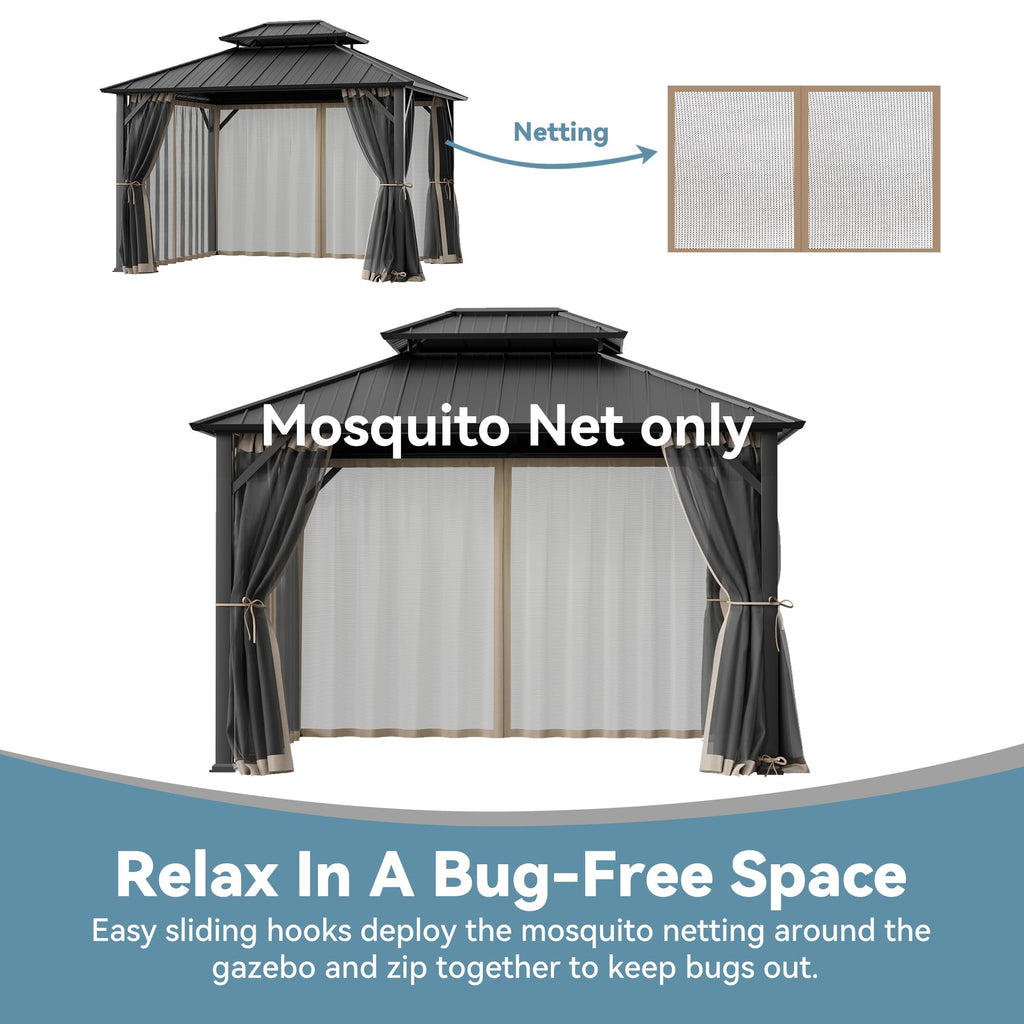 11' x 13' Gazebo Mosquito Netting Replacement 4-Panel Sidewalls with Double Zipper M224331