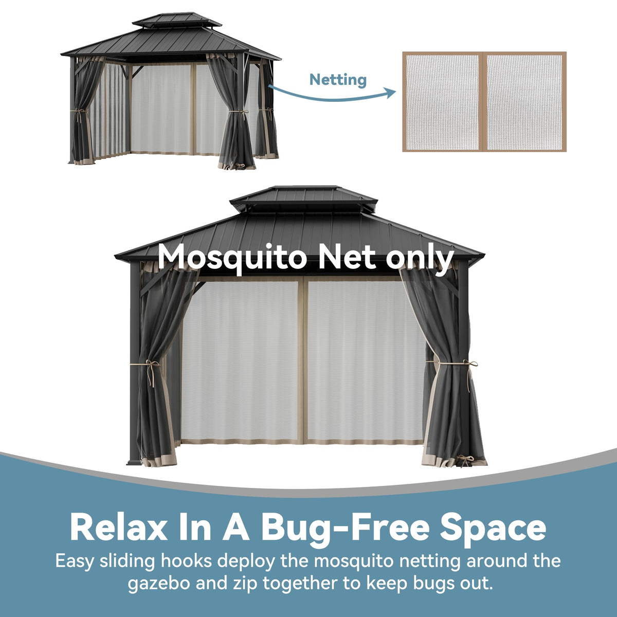 11' x 13' Gazebo Mosquito Netting Replacement 4-Panel Sidewalls with Double Zipper M224331
