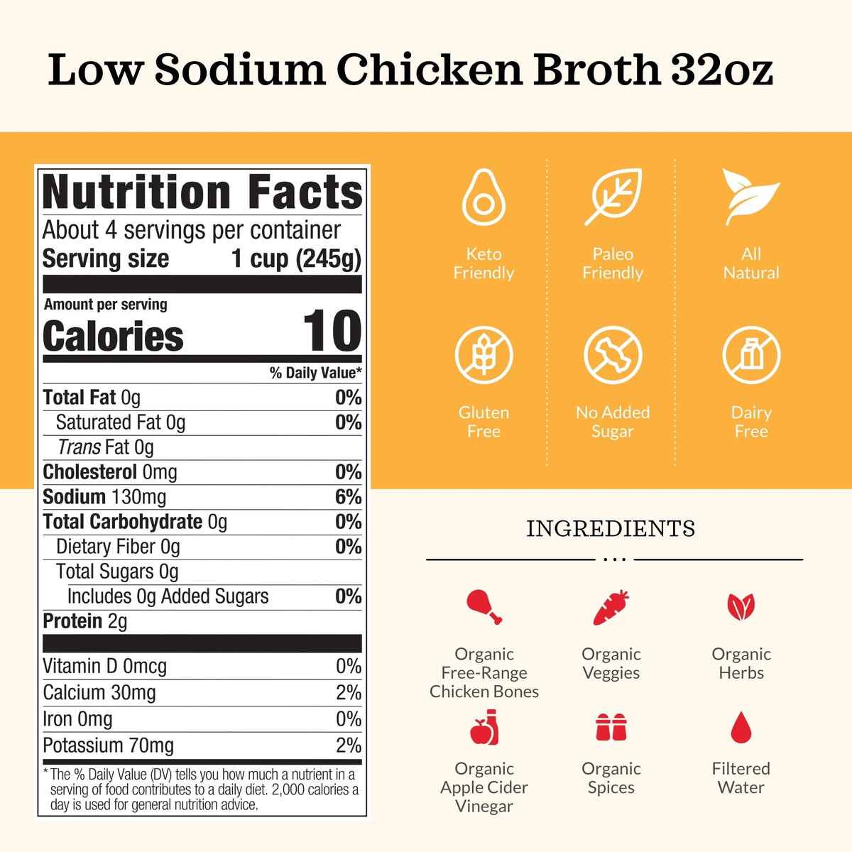 Low Sodium Chicken Broth Pack of 4 Organic 32 oz L748