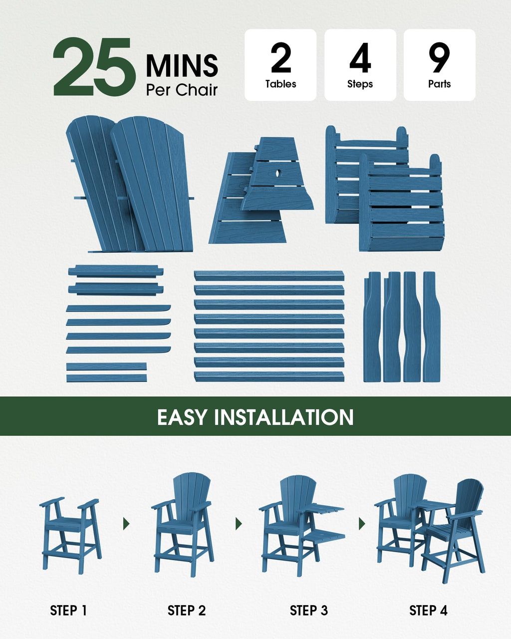 Navy Blue Adirondack Chairs Set of 2 with Table Trays I236