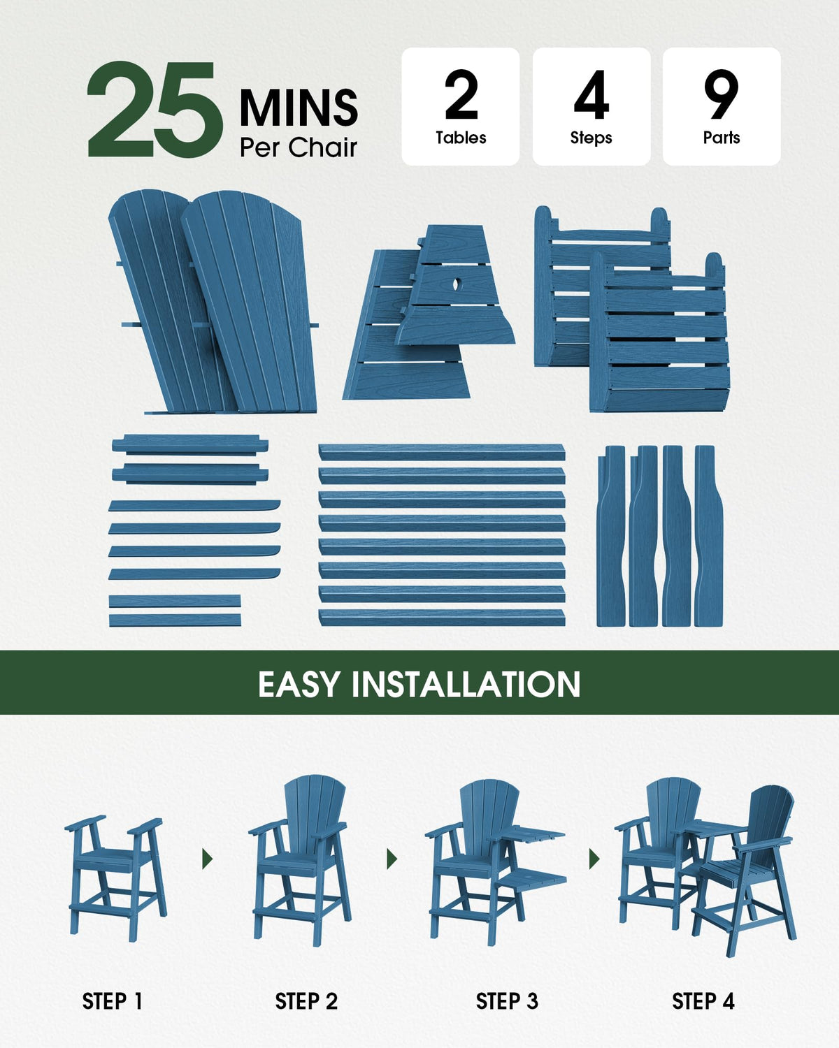Navy Blue Adirondack Chairs Set of 2 with Table Trays I236