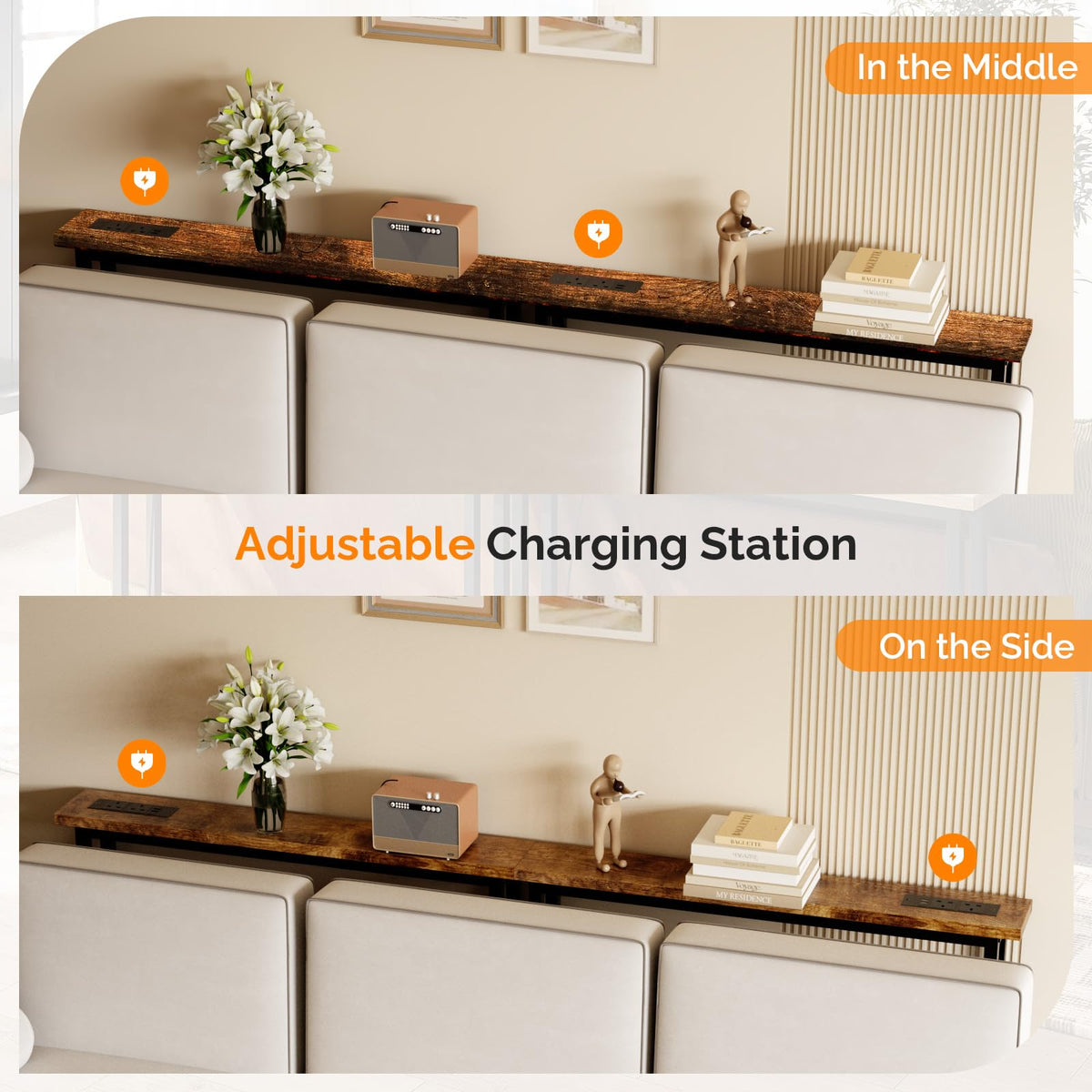 Rustic Brown Narrow Console Table with Power Outlet 2 Pack E2477