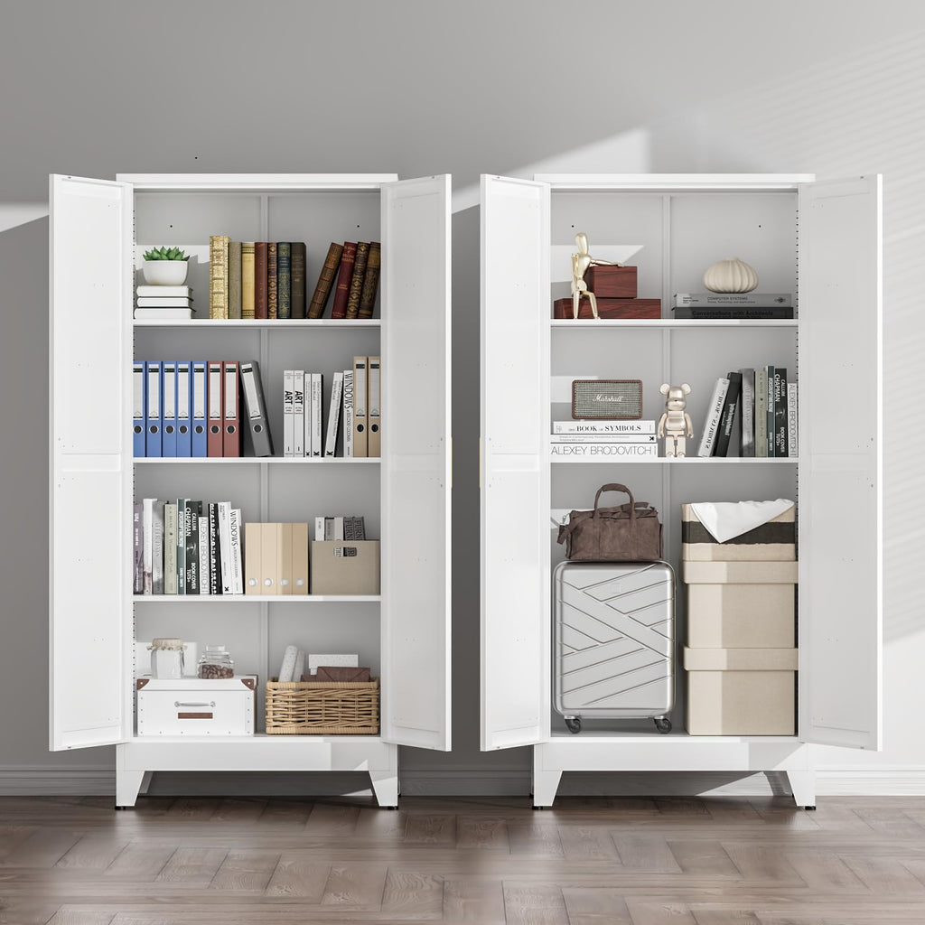White Farmhouse Storage Kitchen Pantry Cabinet with 2 Barn Door, 3 Adjustable Shelves and Legs C298464