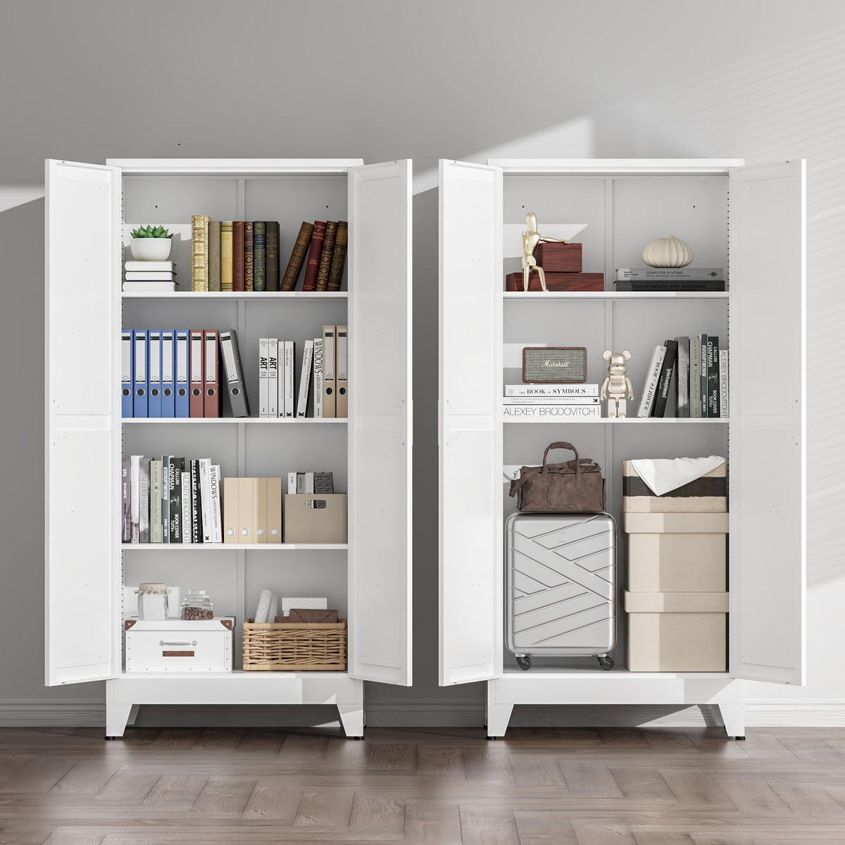 White Farmhouse Storage Kitchen Pantry Cabinet with 2 Barn Door, 3 Adjustable Shelves and Legs C298464