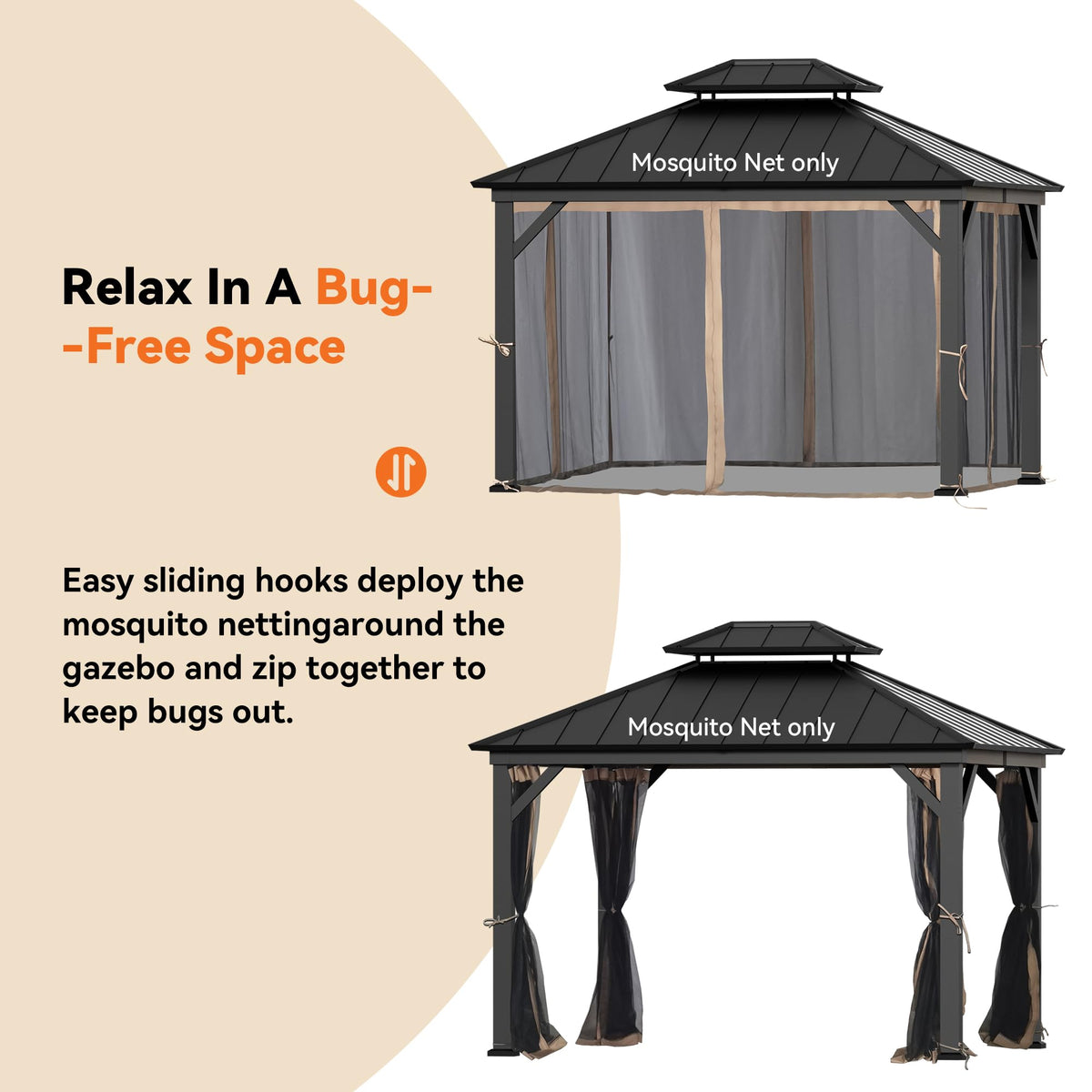 11' x 13' Gazebo Mosquito Netting Replacement 4-Panel Sidewalls with Double Zipper M224331