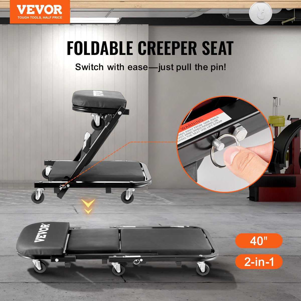 Foldable Rolling Mechanic Creeper with 6 Wheels Padded Seat K3795