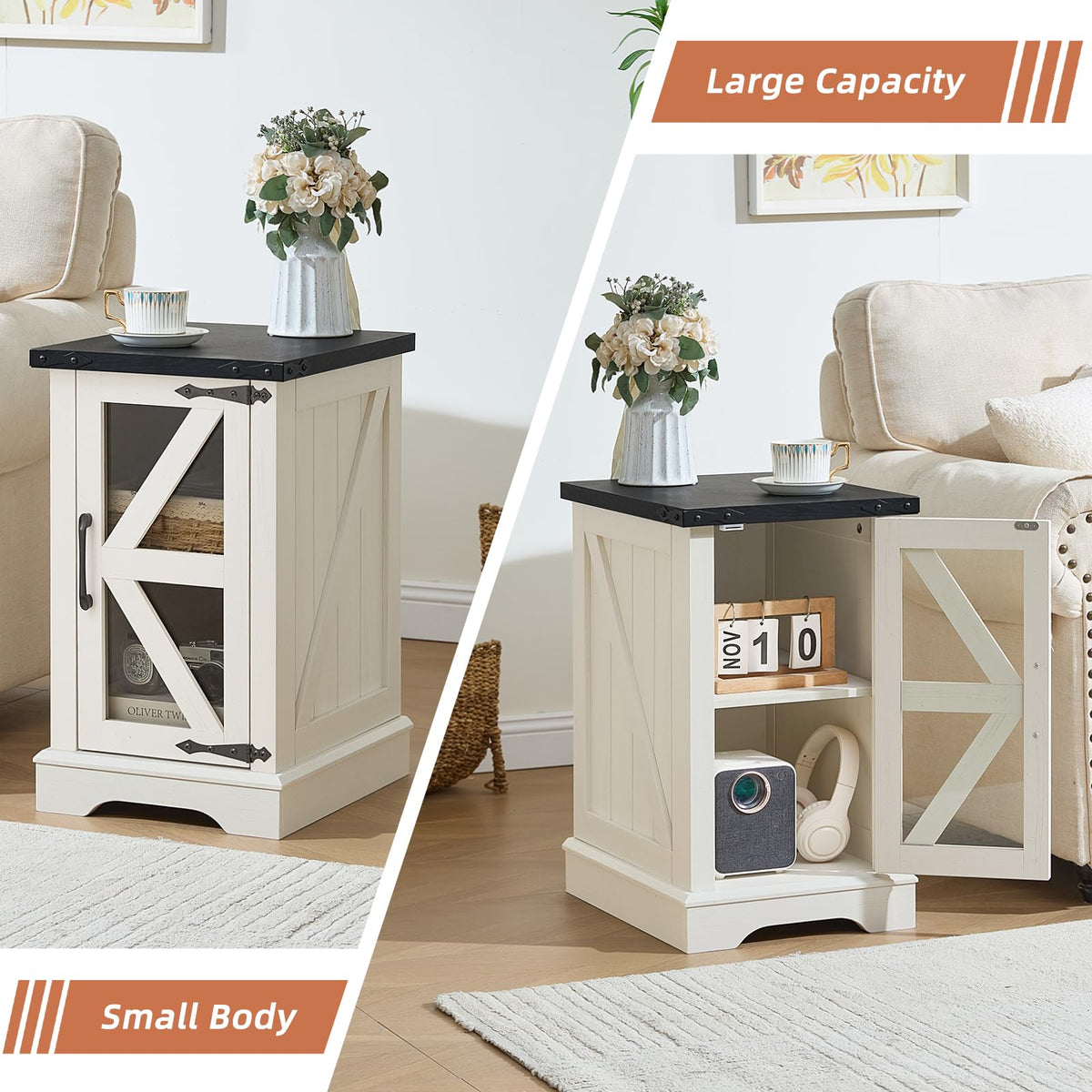 Narrow Night Stand with Glass Barn Door Q272
