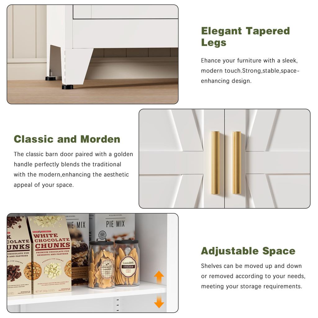 White Farmhouse Storage Kitchen Pantry Cabinet with 2 Barn Door, 3 Adjustable Shelves and Legs C298464
