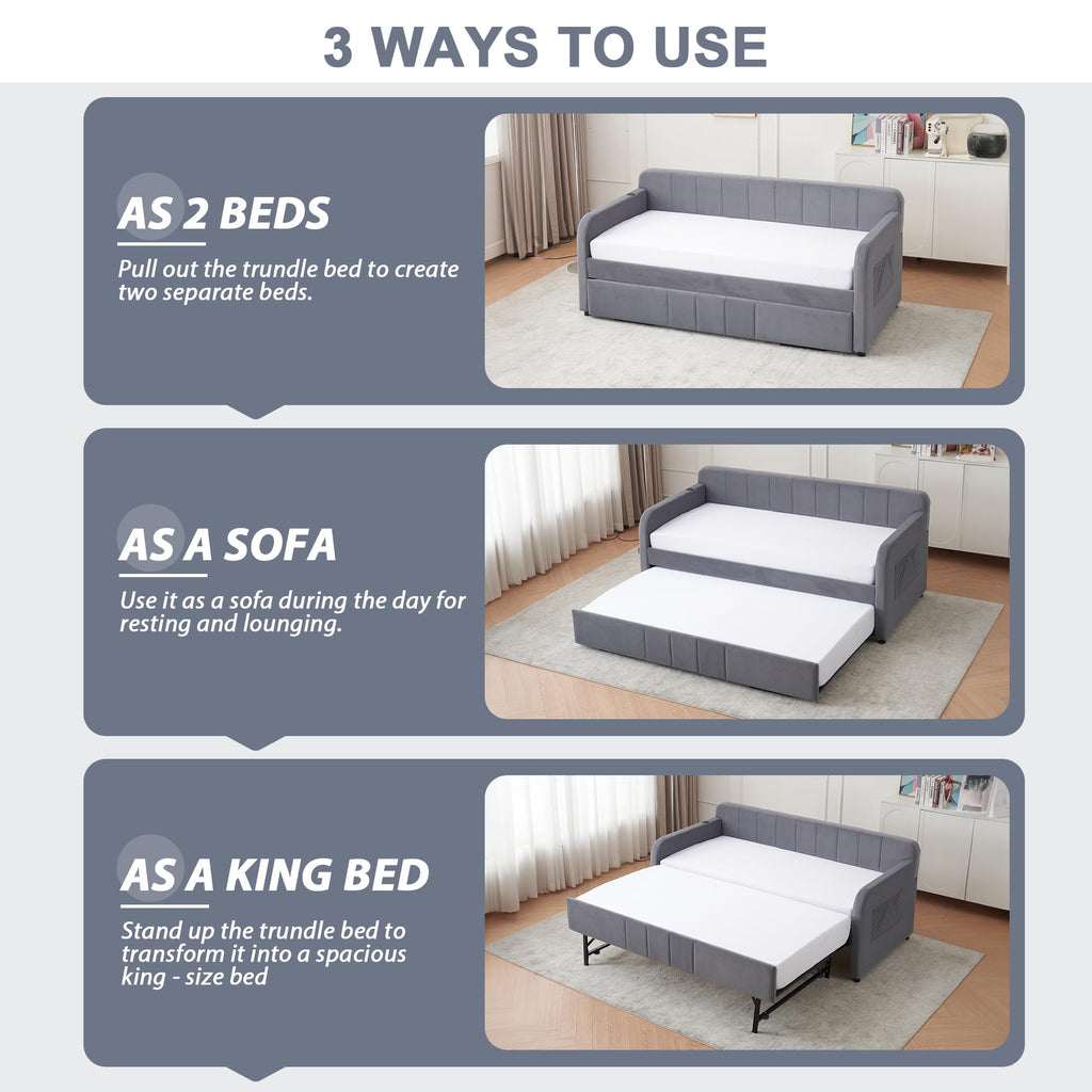 Twin Size Upholstered Daybed with Trundle, Linen Fabric Guest Bed (Gray) J53641