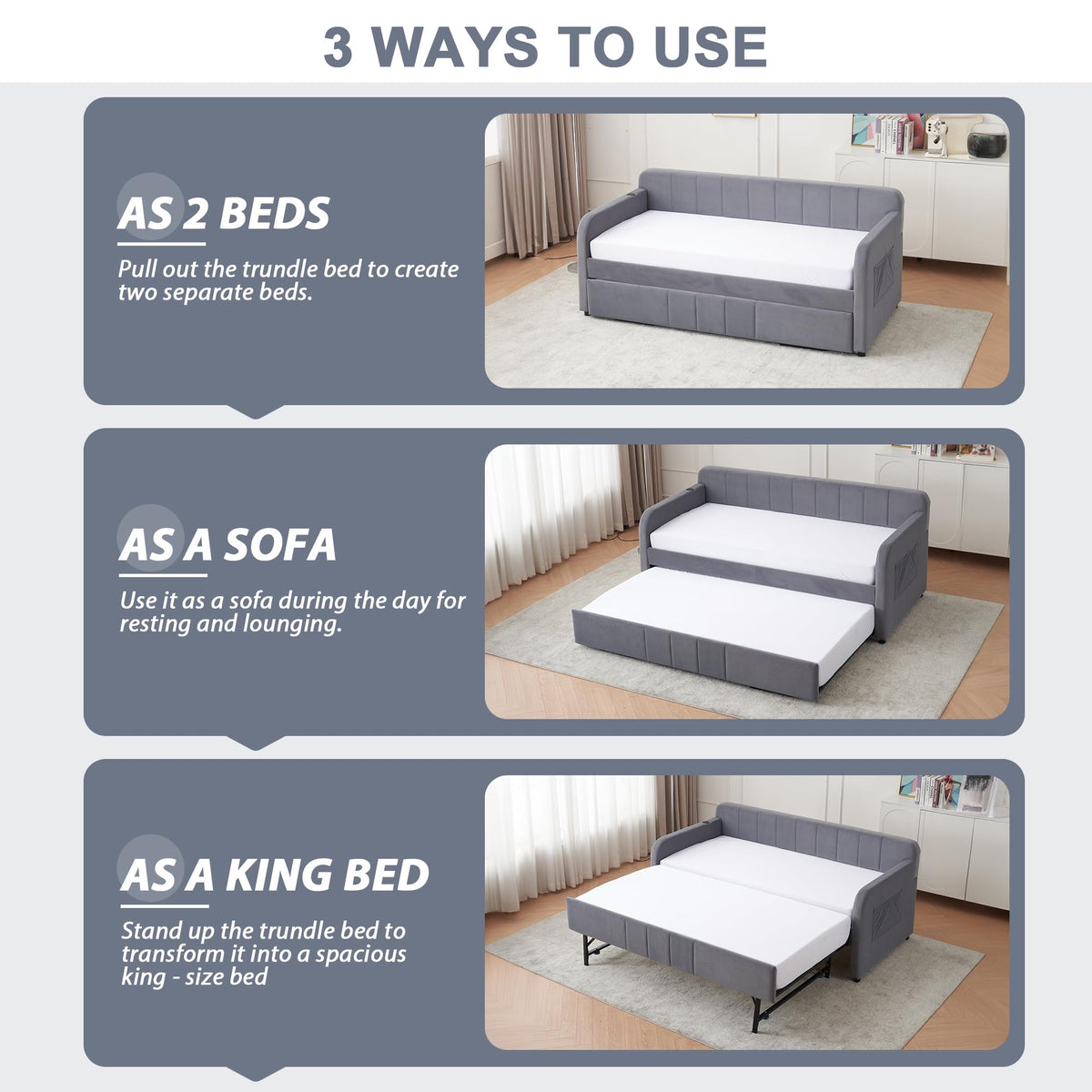 Twin Size Upholstered Daybed with Trundle, Linen Fabric Guest Bed (Gray) J53641