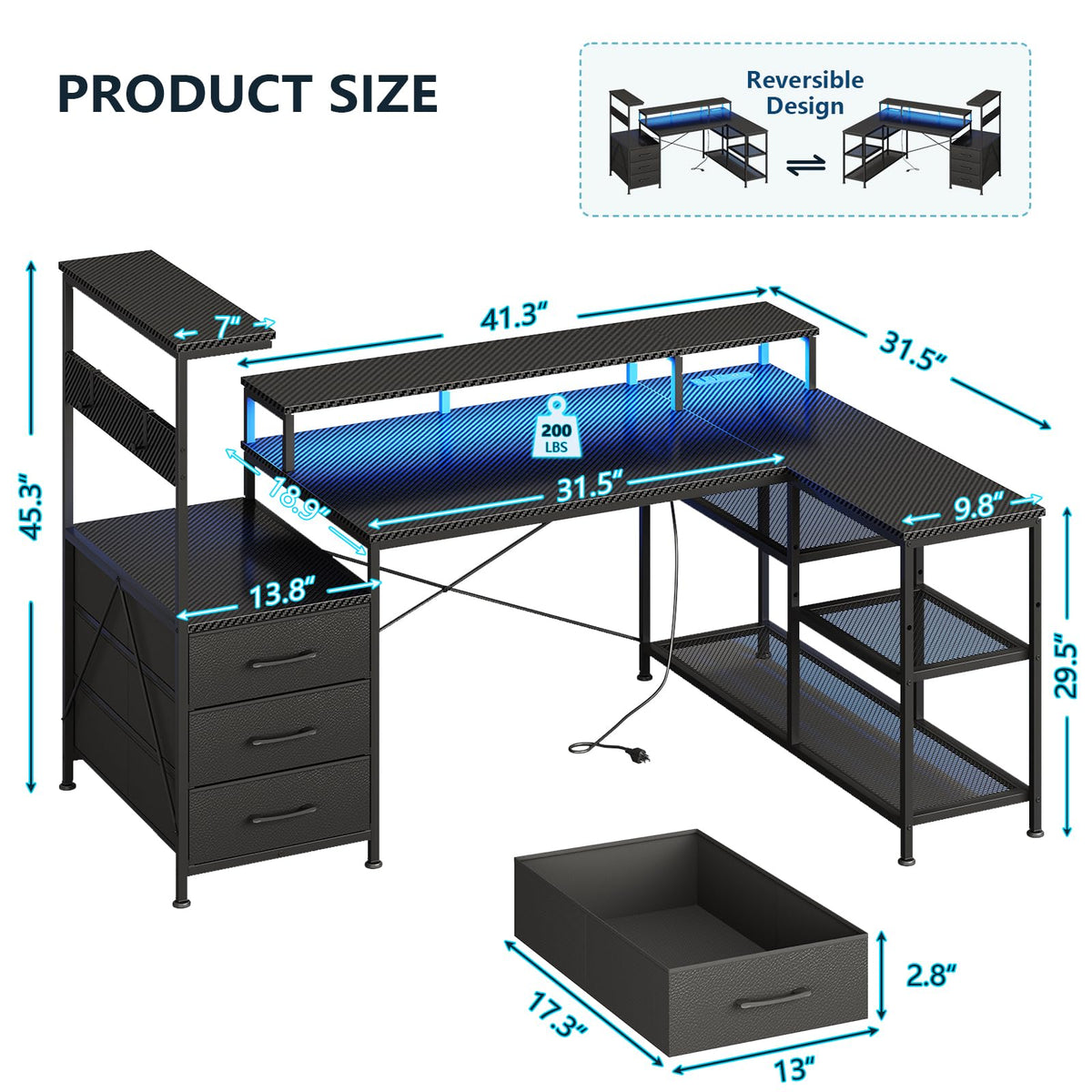 L Shaped Gaming Desk with Drawers I10004