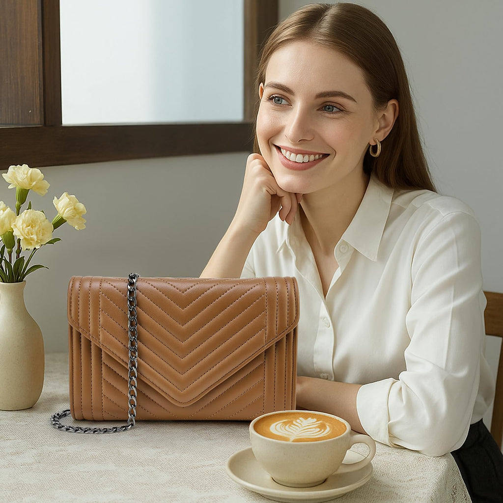 Small Leather Quilted Crossbody Bag with Chain Strap K762
