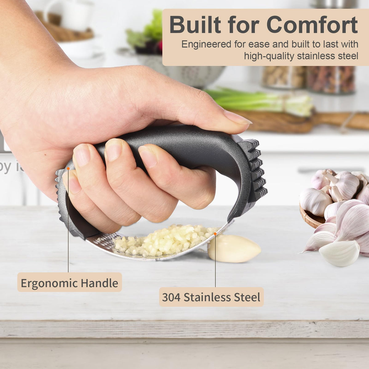 Stainless Steel Garlic Press Rocker with Peeler and Cleaning Brush S490