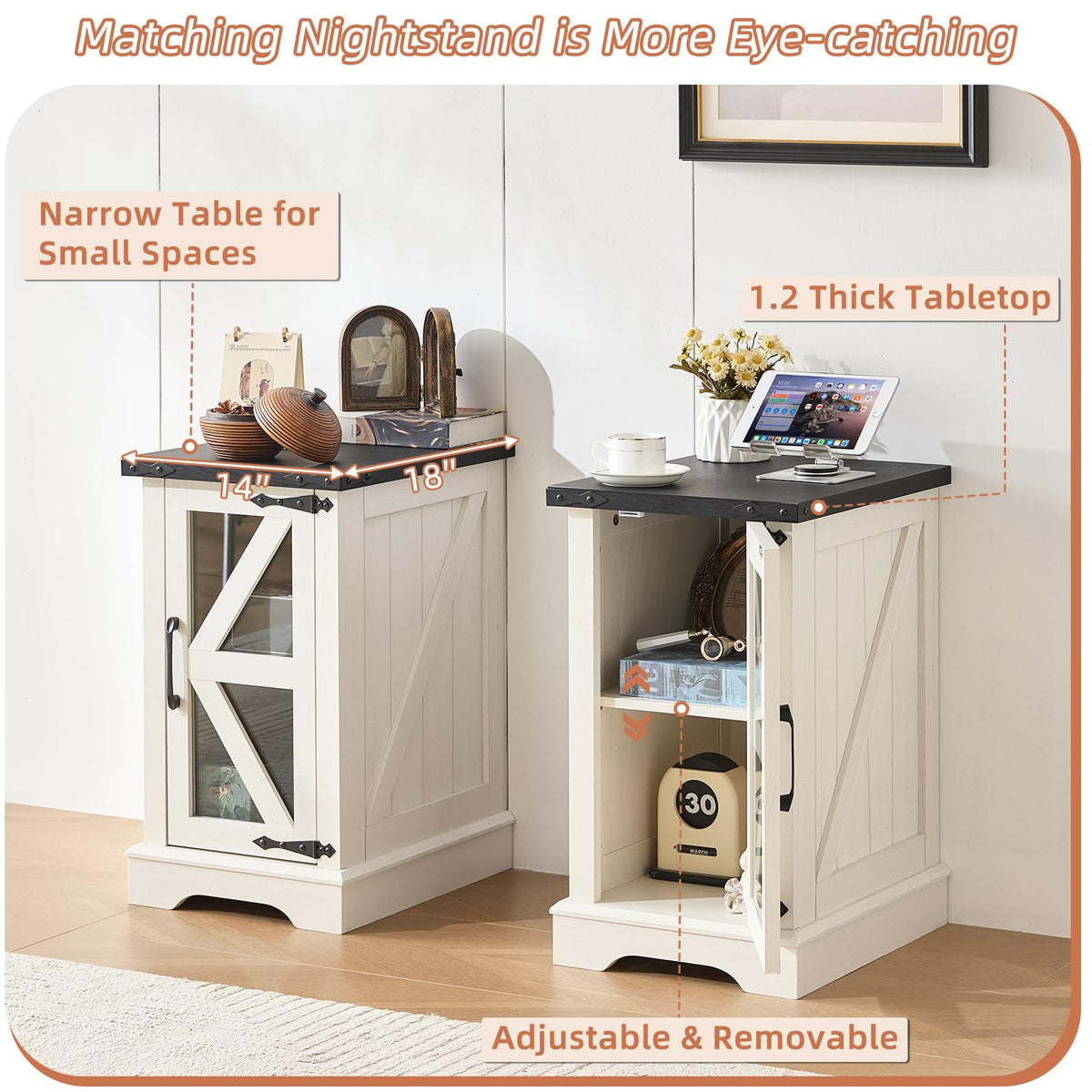 Narrow Night Stand with Glass Barn Door Q272