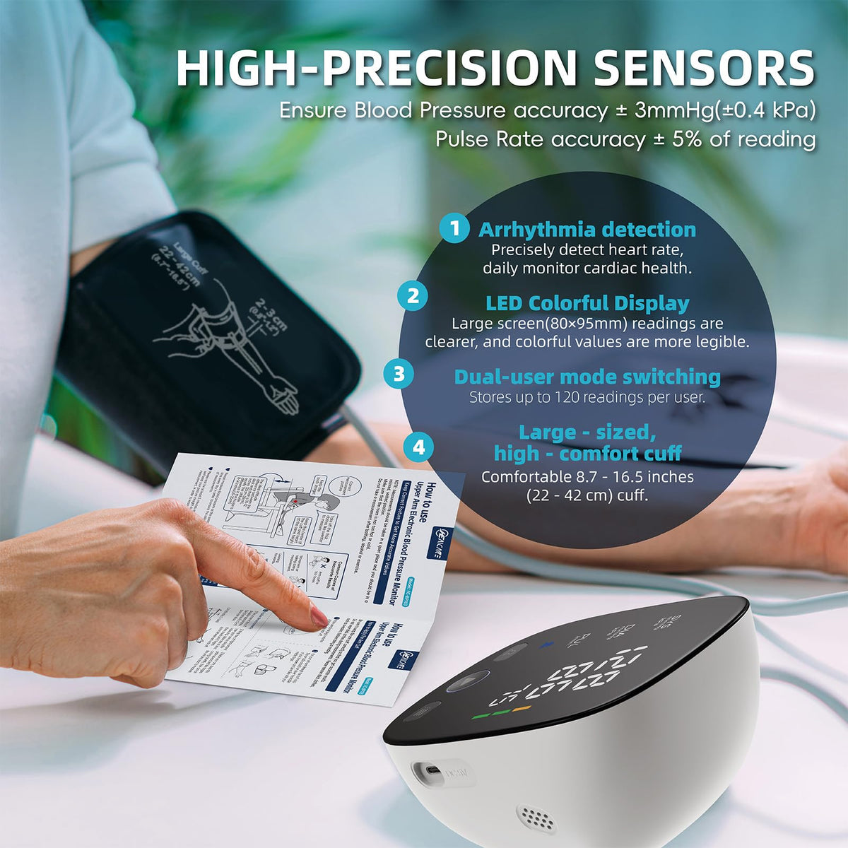 Blood Pressure Monitor with Large Color-Backlit LED Display, 240 Memory, Adjustable Wide Cuff 8.5-16.5" I47310