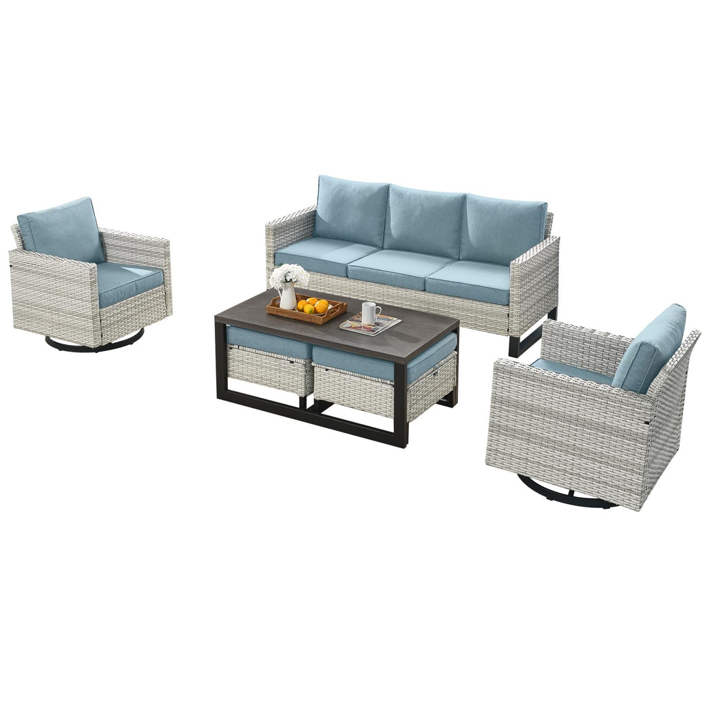 6 Piece Wicker Patio Conversation Set with Swivel Rocker Chairs and Ottoman M26651