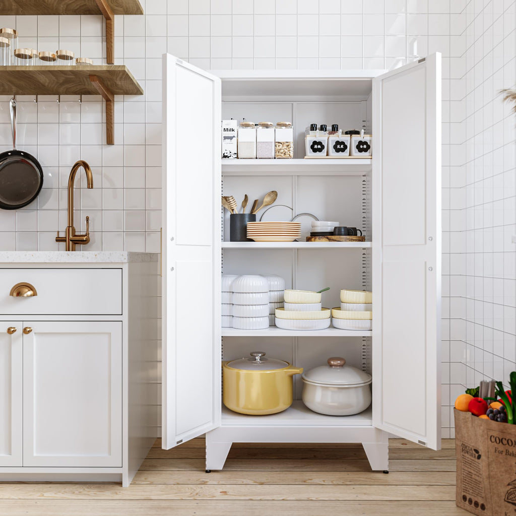 White Farmhouse Storage Kitchen Pantry Cabinet with 2 Barn Door, 3 Adjustable Shelves and Legs C298464