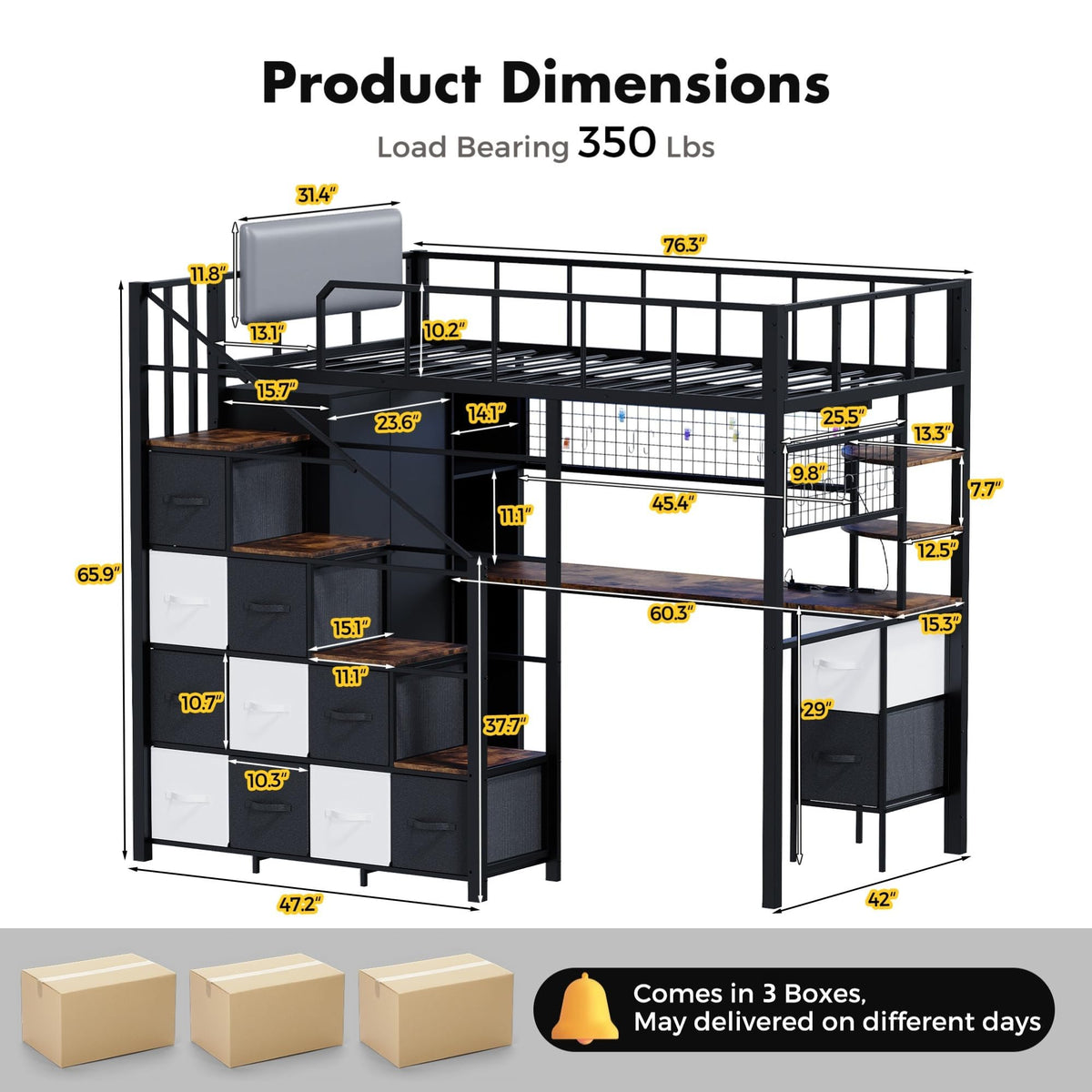 Twin Size Metal Loft Bed with Desk, Stairs, LED Light, Headboard, Guardrail, Charging Station, Closet and Fabric Drawers, Black & Burnt Wood A98893