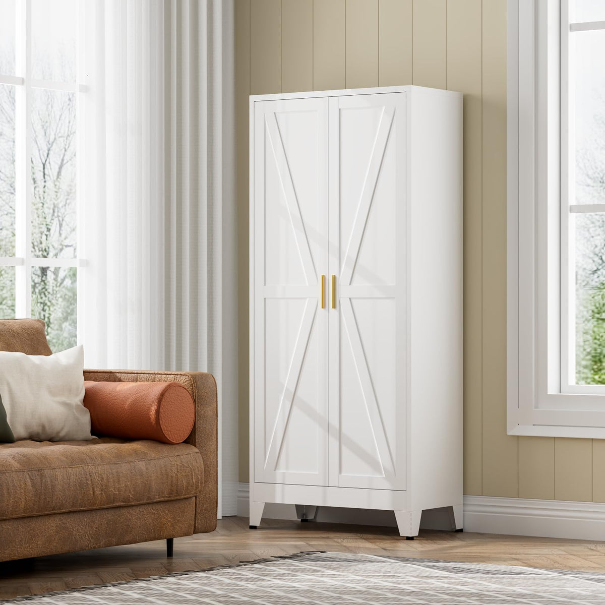 White Farmhouse Storage Kitchen Pantry Cabinet with 2 Barn Door, 3 Adjustable Shelves and Legs C298464
