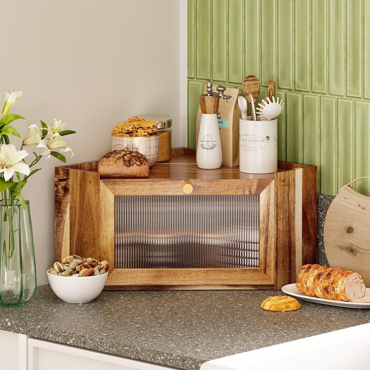 Acacia Wood Corner Bread Box T433