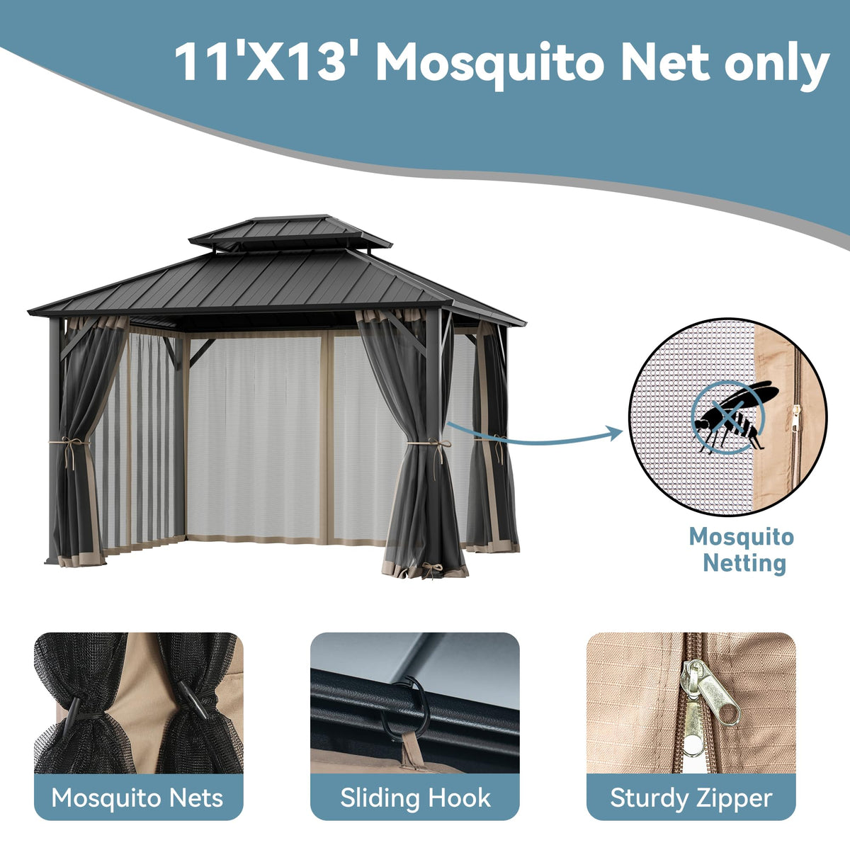 11' x 13' Gazebo Mosquito Netting Replacement 4-Panel Sidewalls with Double Zipper M224331