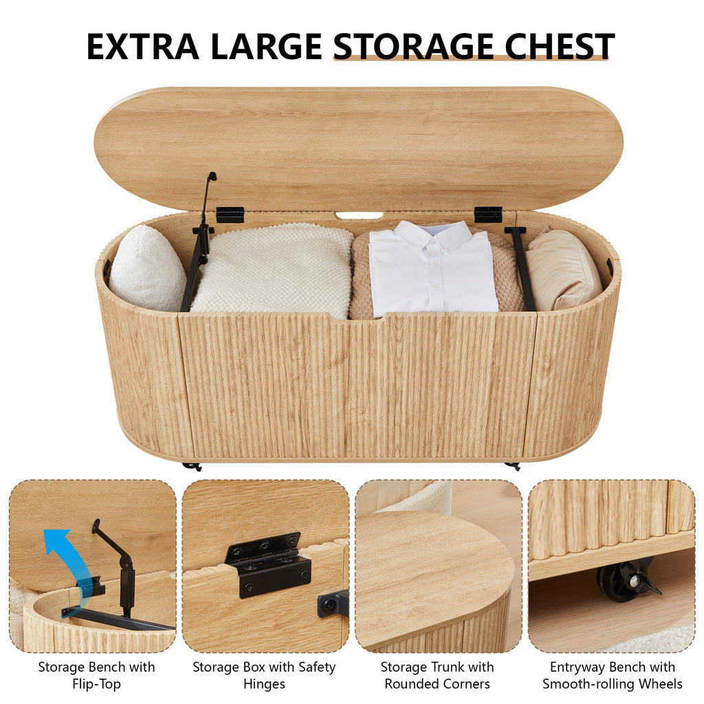 Natural Fluted Storage Bench with 4 Wheels L157