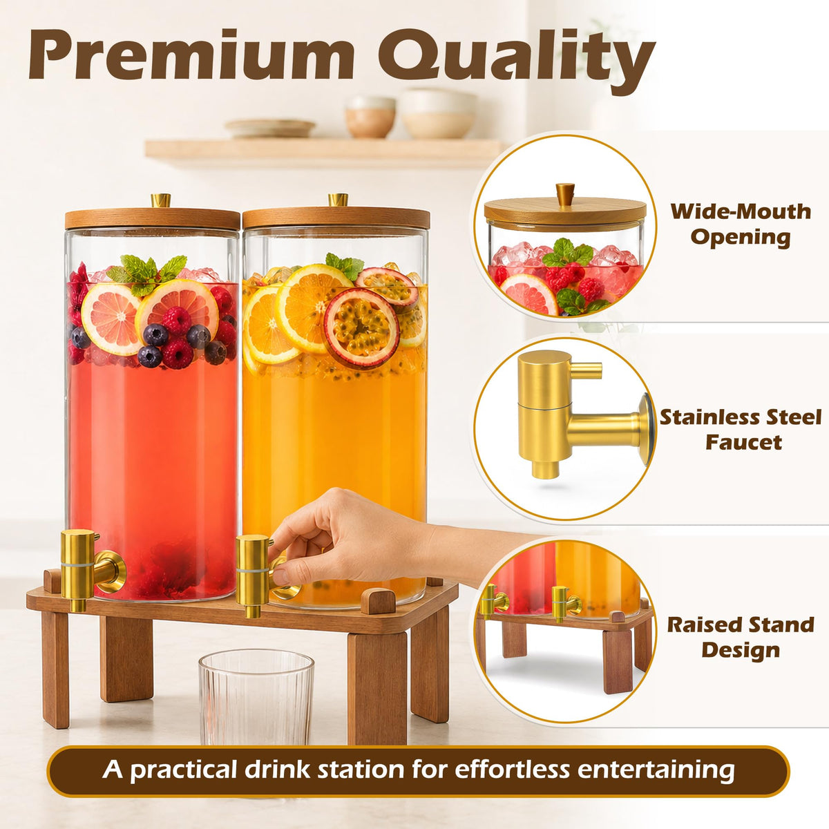 2PCS 1.5 Gallon Glass Beverage Dispenser with Wood Stand W324885