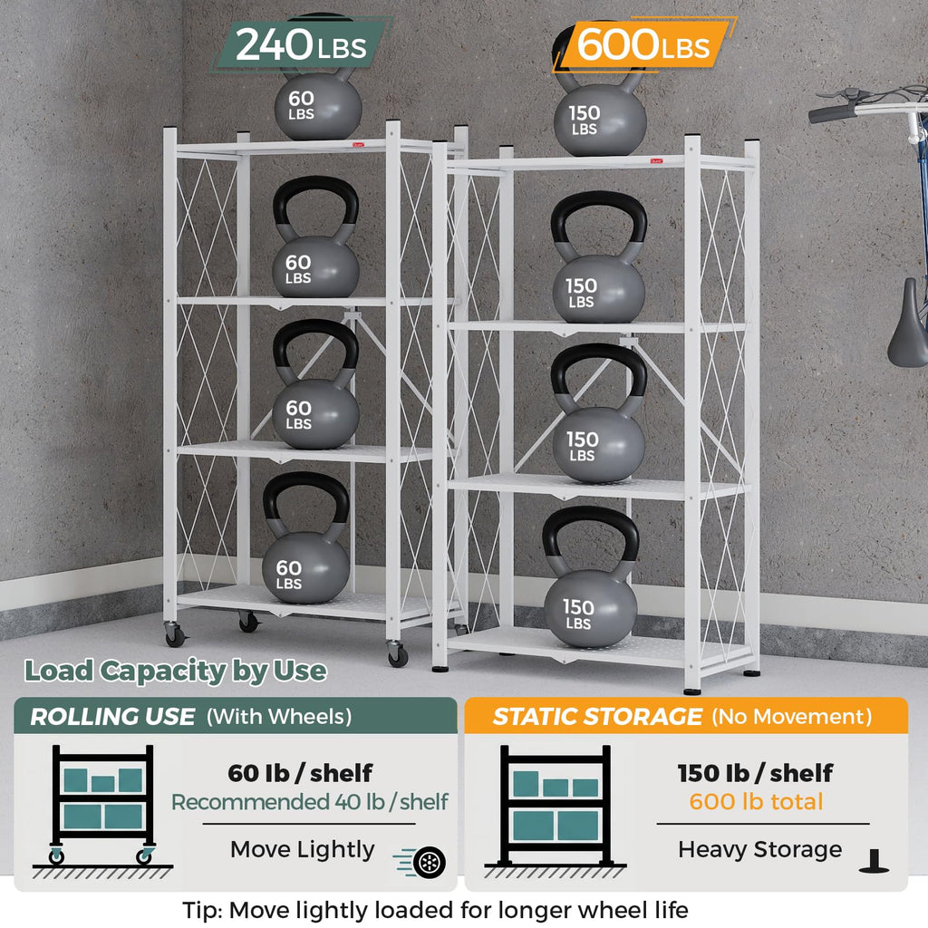 4 Tier White Metal Storage Shelves with Wheels X364