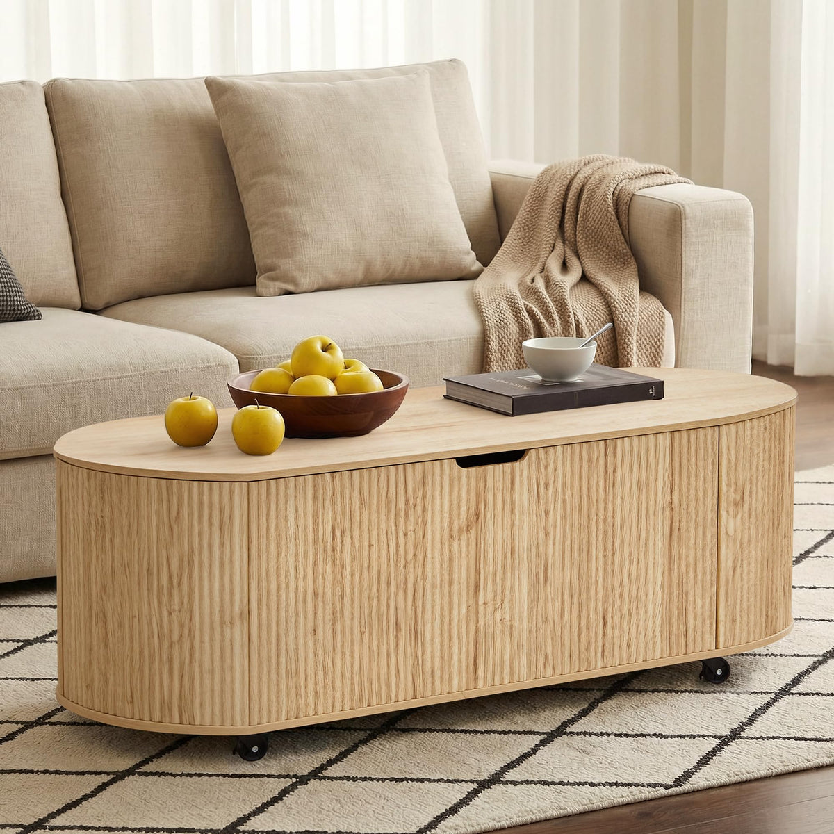 Natural Fluted Storage Bench with 4 Wheels L157